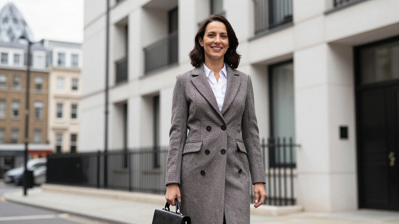 Professional woman standing confidently outside a London apartment building, dressed elegantly with a briefcase.