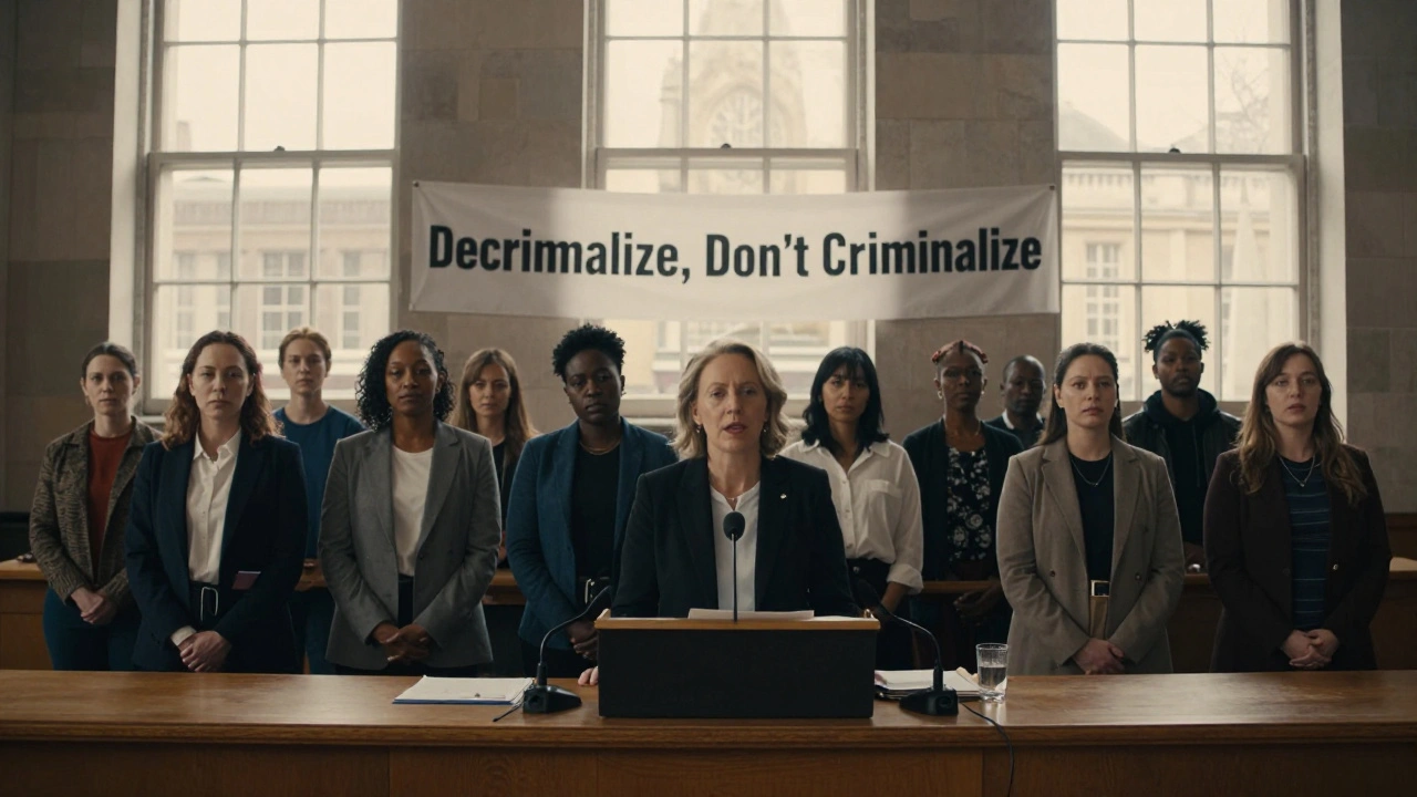 Sex workers standing quietly in a UK courtroom as a politician speaks about decriminalization.