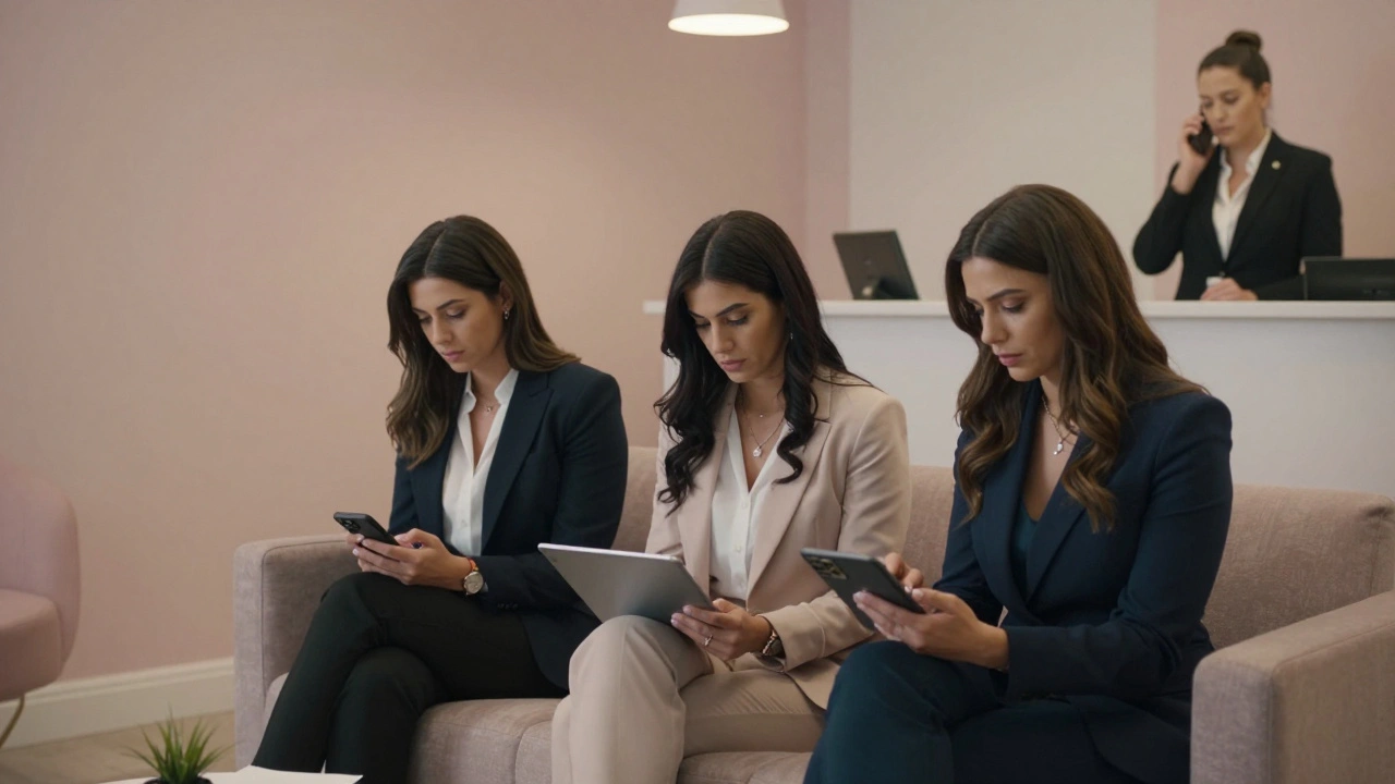 Three sex workers in an agency waiting room, one reviewing client details on a tablet.
