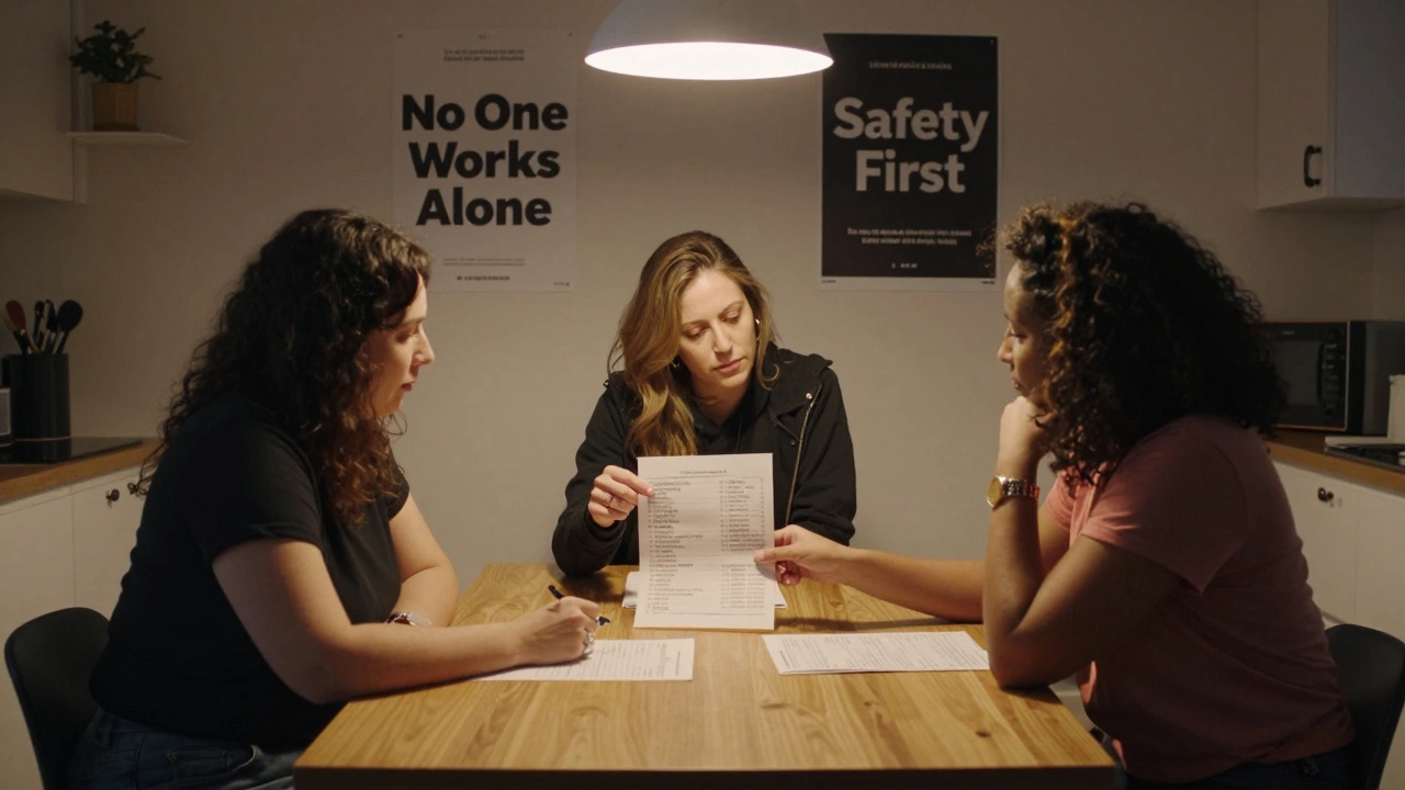 Three sex workers sharing safety information at a kitchen table in a London flat.