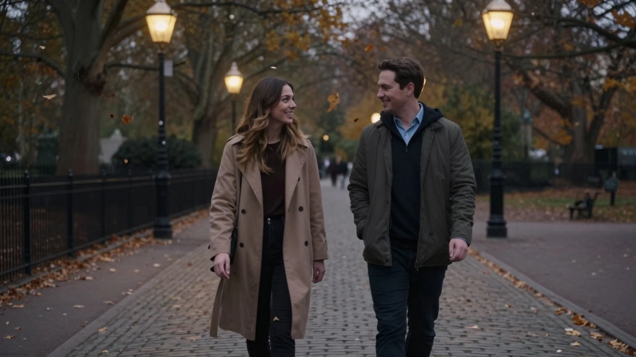 Two people walking peacefully in Hyde Park at dusk, engaging in quiet conversation.