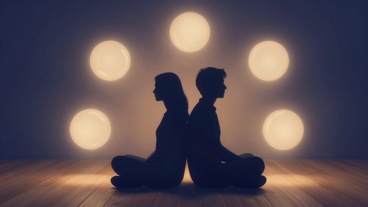 Two silhouettes back-to-back surrounded by glowing orbs, symbolizing emotional safety and presence.