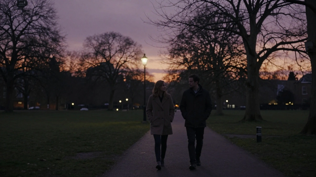 A couple walking peacefully along a park path at twilight in outer London, enjoying quiet companionship.