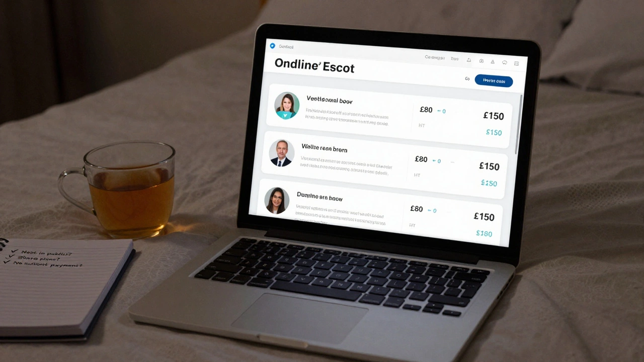 A laptop showing verified escort profiles with clear pricing and safety checklist on a bedside table.