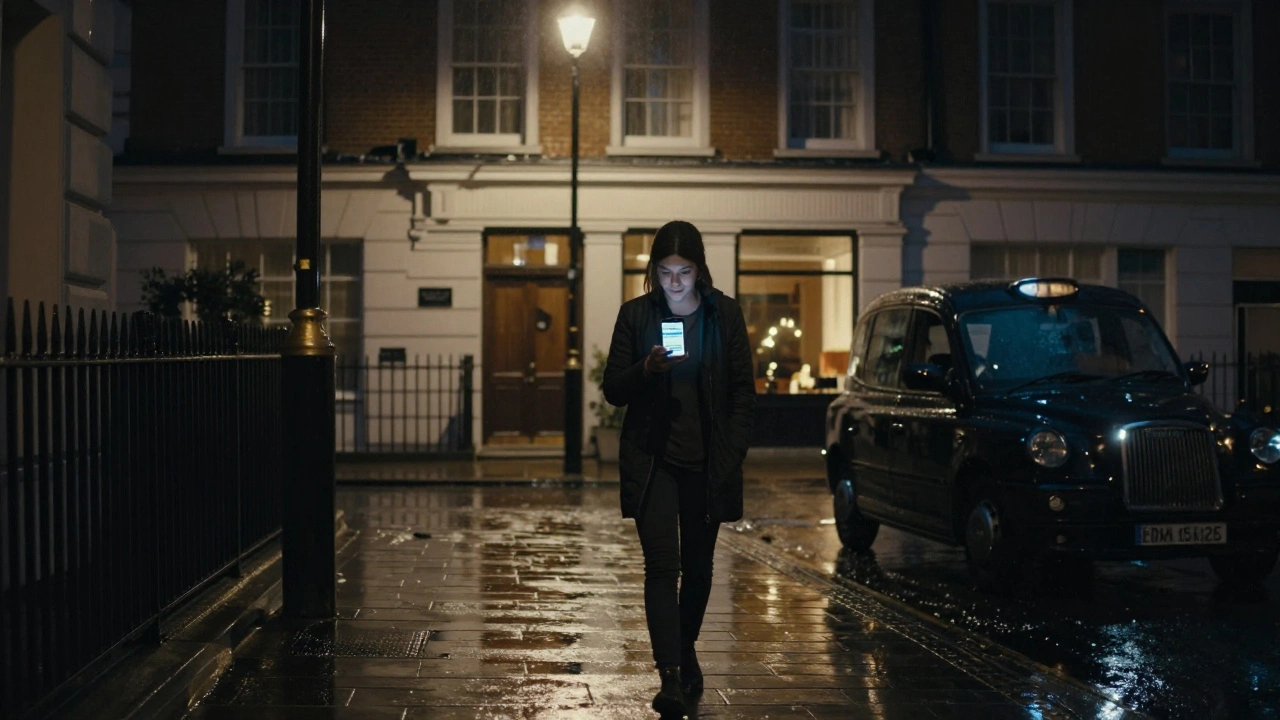 A person walks toward a discreet hotel at night, phone in hand, under a London streetlamp.