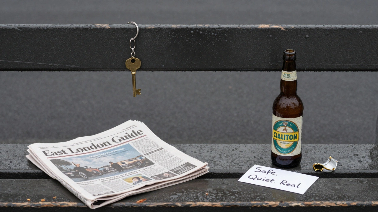 A rainy bench in East London with a keychain, craft beer, and a handwritten note, symbolizing discreet and thoughtful companionship.