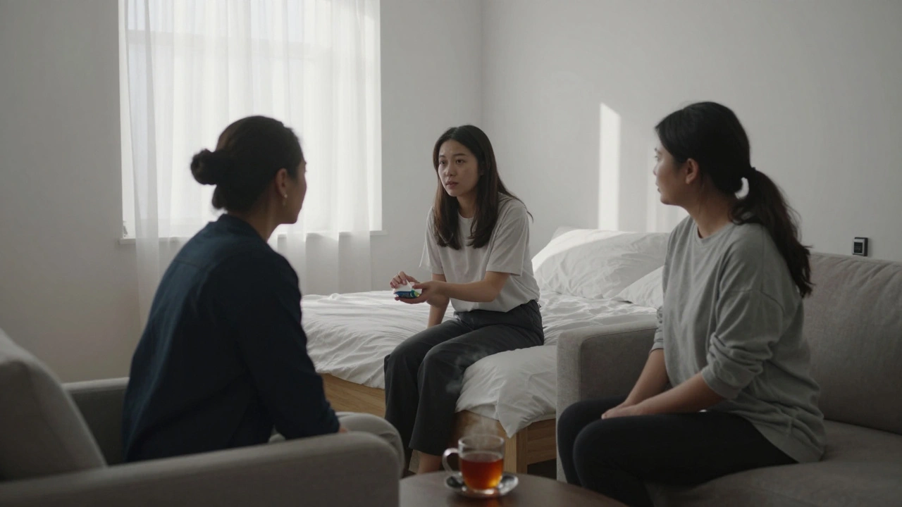A woman offers a tissue to a client in a sunlit Highgate apartment, conveying quiet emotional support.