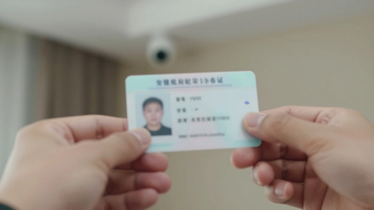 Close-up of hands exchanging blurred government ID in a hotel room with security camera.