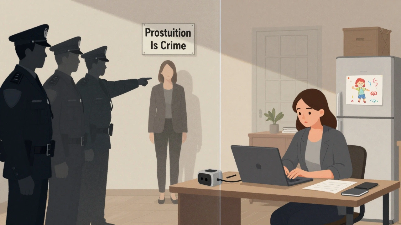 Contrasting scenes: stigma and judgment vs. safe, empowered work at home.