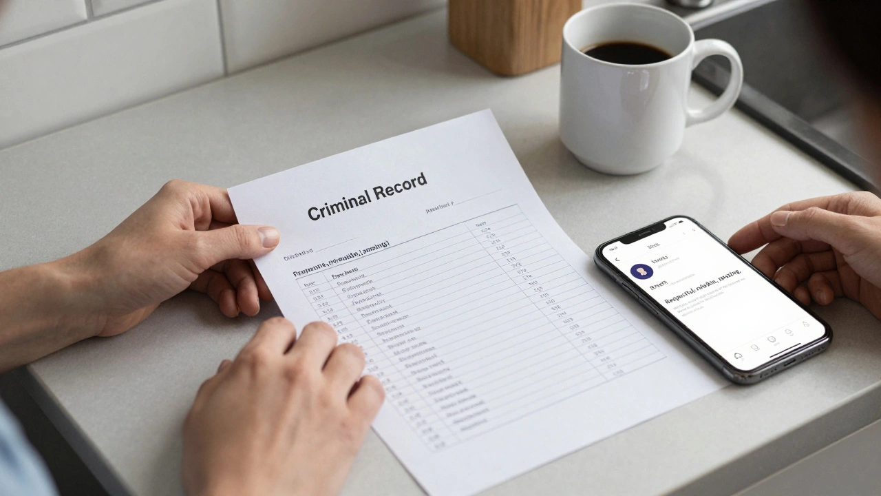 Hands holding a criminal record and a child's report card on a kitchen table.