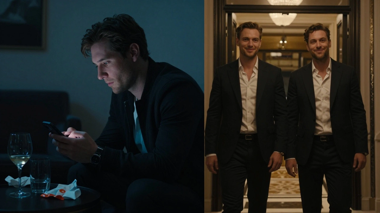 Split image: one side shows lonely phone scrolling, the other shows a man leaving a hotel with an escort, highlighting emotional contrast.