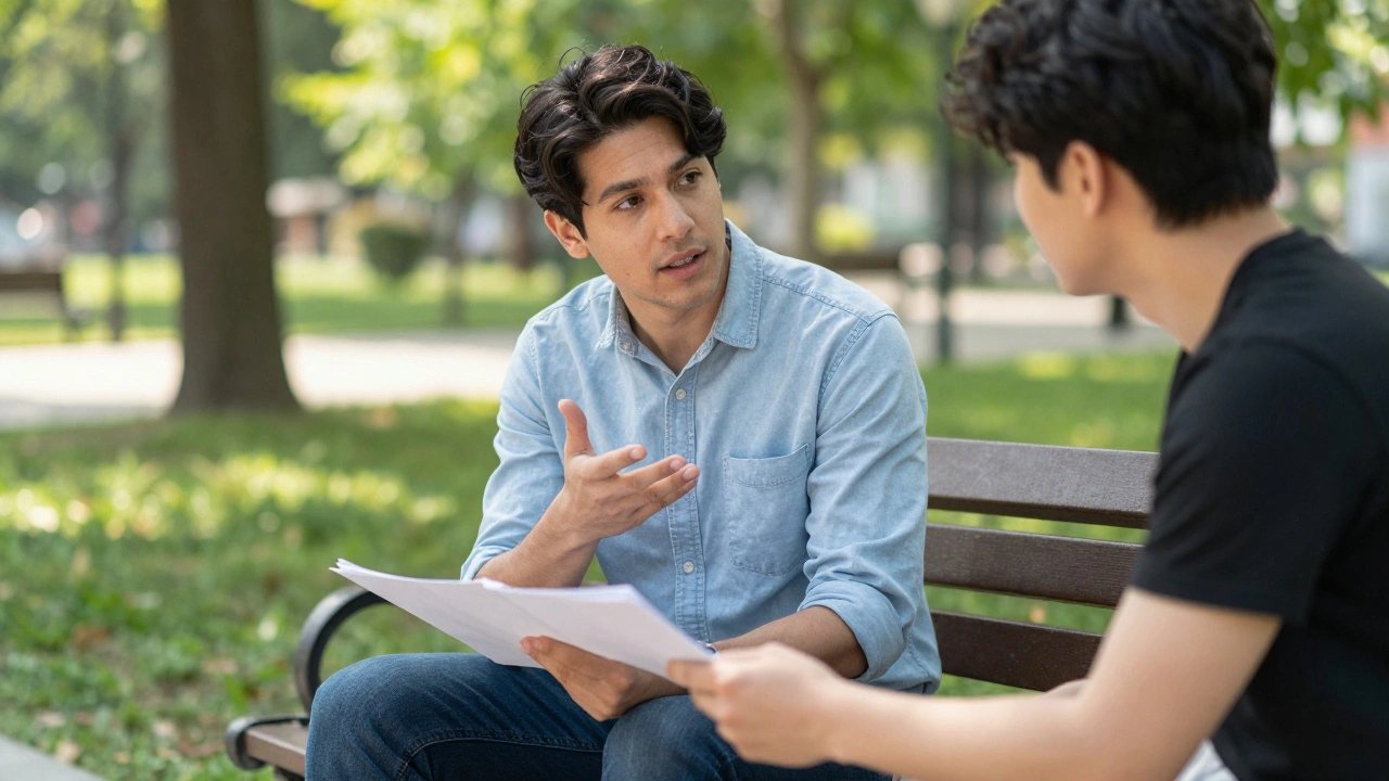 Two friends discussing safety plans on a park bench.