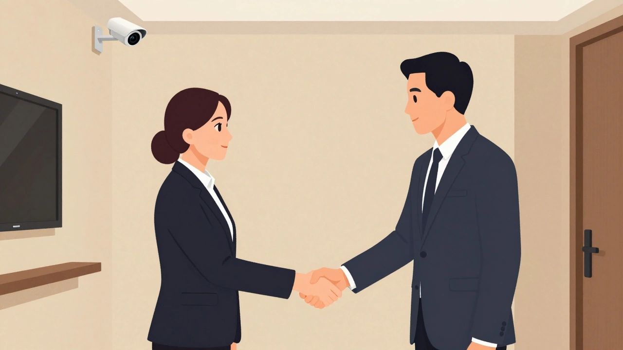 Two people shaking hands in a secure hotel room with security camera visible.